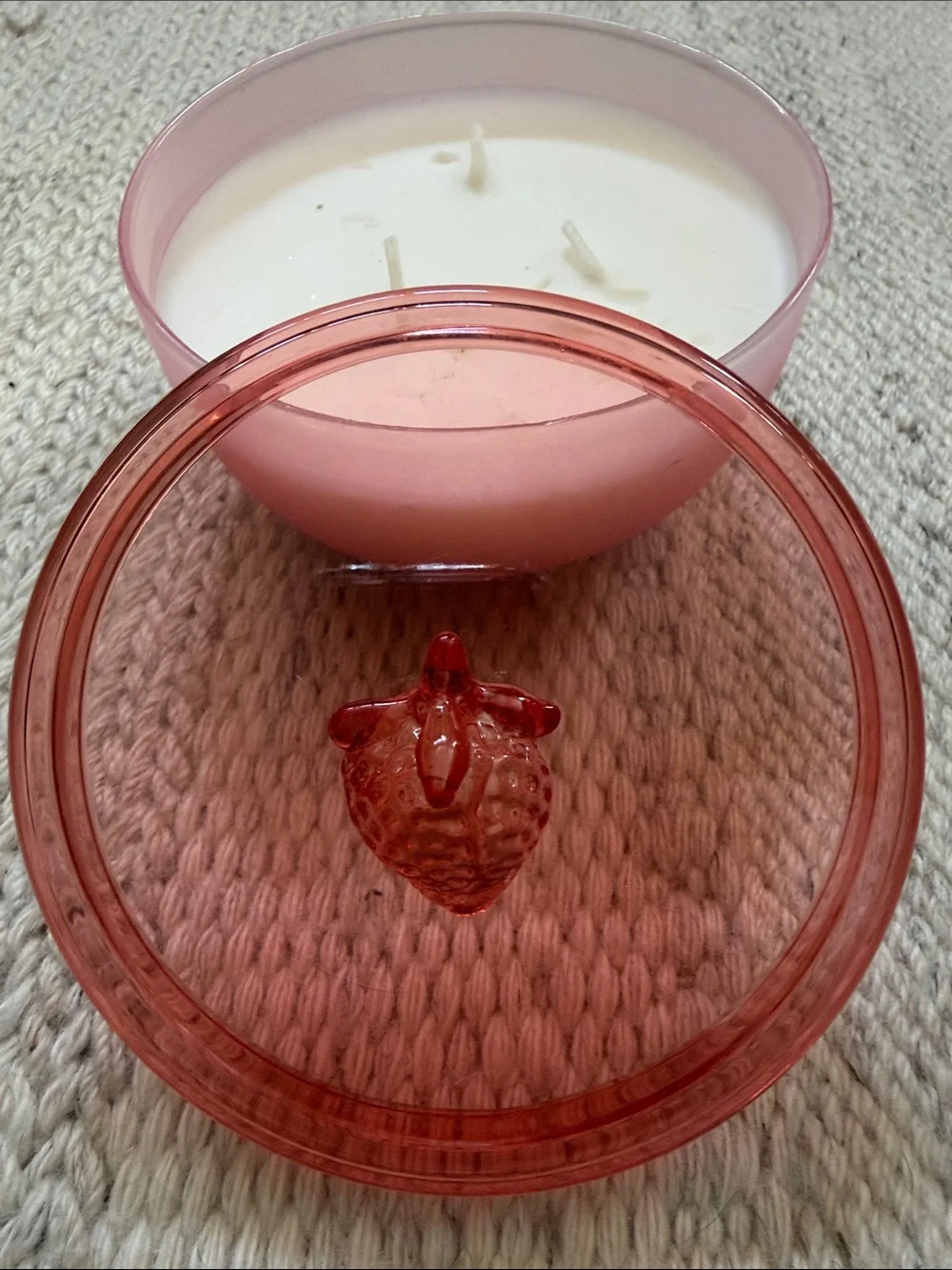 Pink Glass Lidded Strawberry 3 Wick Candle from Anthropologie.